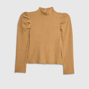 Petite Beige Long Sleeve Ruched Shoulder Top