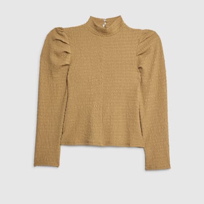 Petite Beige Long Sleeve Ruched Shoulder Top