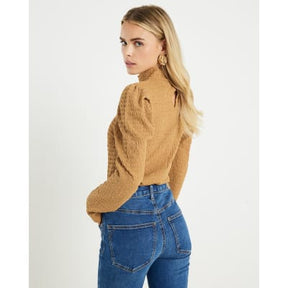 Petite Beige Long Sleeve Ruched Shoulder Top