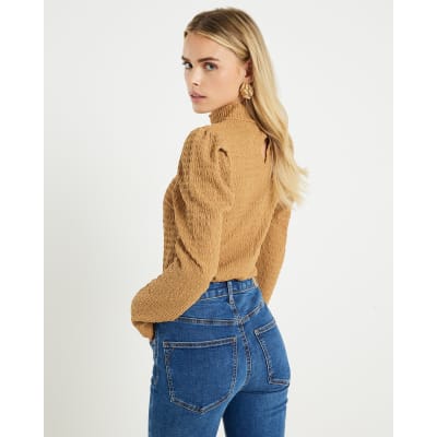 Petite Beige Long Sleeve Ruched Shoulder Top