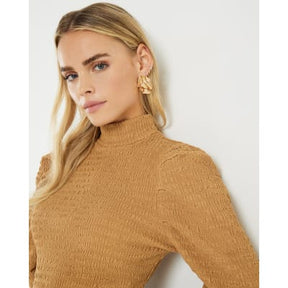 Petite Beige Long Sleeve Ruched Shoulder Top