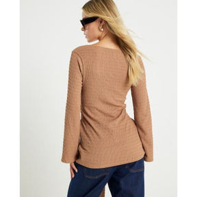 Petite Beige Long Sleeve Tie Waist Top