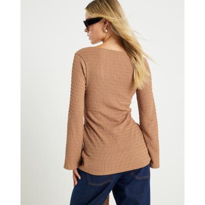 Petite Beige Long Sleeve Tie Waist Top