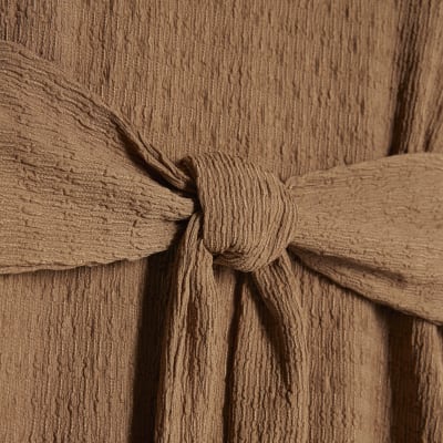 Petite Beige Long Sleeve Tie Waist Top