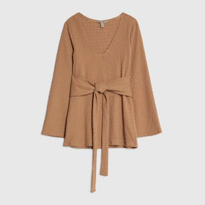 Petite Beige Long Sleeve Tie Waist Top
