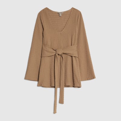 Petite Beige Long Sleeve Tie Waist Top
