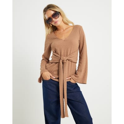 Petite Beige Long Sleeve Tie Waist Top