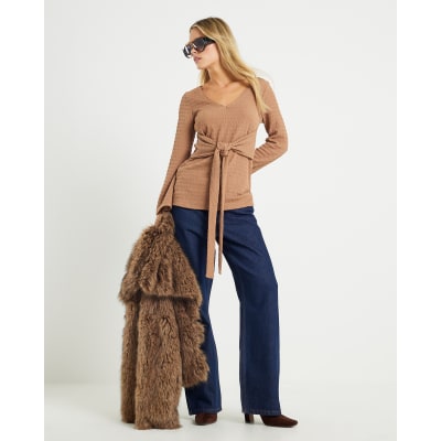 Petite Beige Long Sleeve Tie Waist Top