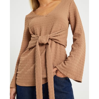 Petite Beige Long Sleeve Tie Waist Top