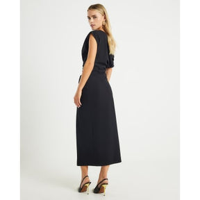 Petite Black Asymmetric Drape Wrap Midi Dress