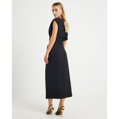 Petite Black Asymmetric Drape Wrap Midi Dress