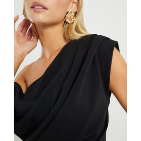 Petite Black Asymmetric Drape Wrap Midi Dress