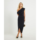 Petite Black Asymmetric Drape Wrap Midi Dress