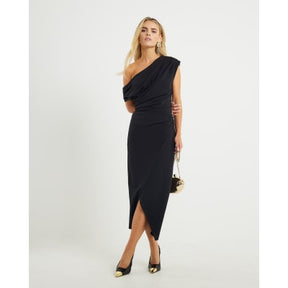 Petite Black Asymmetric Drape Wrap Midi Dress