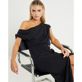 Petite Black Asymmetric Drape Wrap Midi Dress