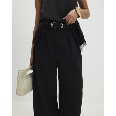 Petite Black Belted Wide Leg Trousers