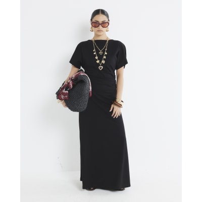 Petite Black Drape Side Midi Dress