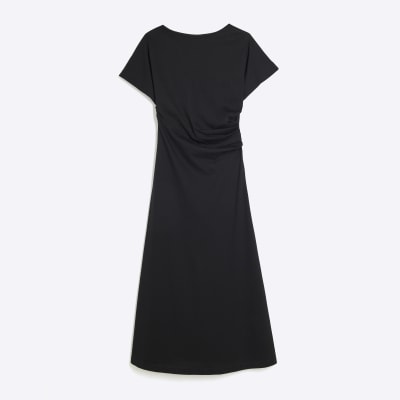 Petite Black Drape Side Midi Dress