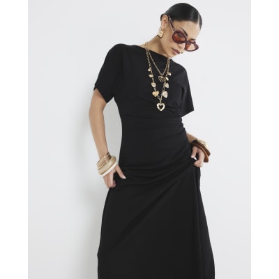 Petite Black Drape Side Midi Dress