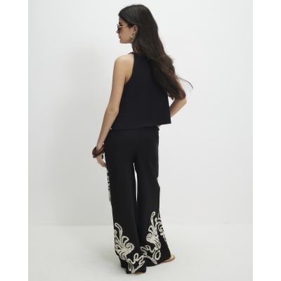 Petite Black Embroidered Wide Leg Trousers