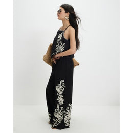 Petite Black Embroidered Wide Leg Trousers