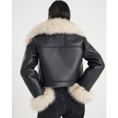 Petite Black Faux Fur Faux Leather Jacket