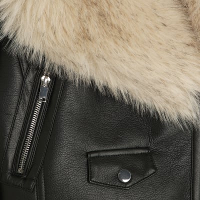 Petite Black Faux Fur Faux Leather Jacket
