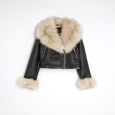 Petite Black Faux Fur Faux Leather Jacket