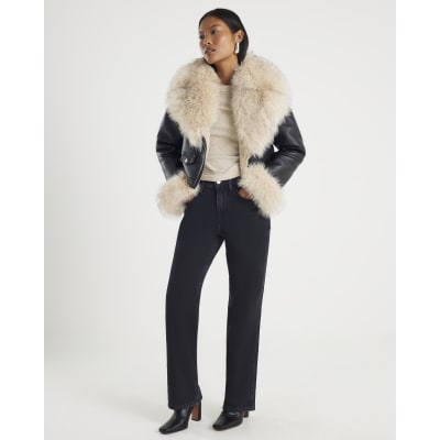 Petite Black Faux Fur Faux Leather Jacket