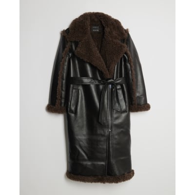 Petite Black Faux Shearling Lined Trench Coat