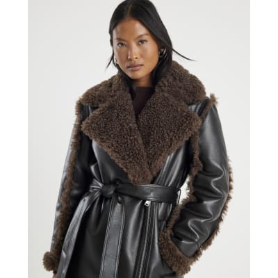 Petite Black Faux Shearling Lined Trench Coat