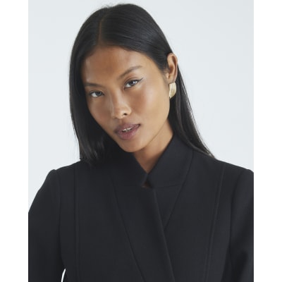 Petite Black Notch Collar Belted Wrap Coat