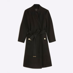 Petite Black Notch Collar Belted Wrap Coat