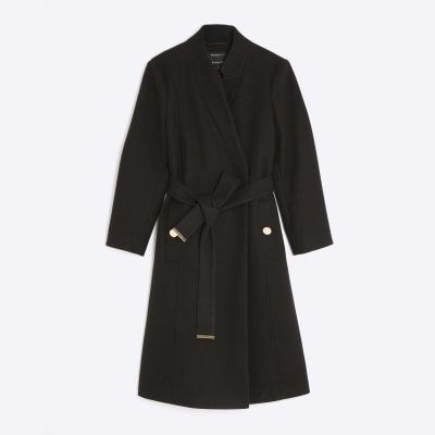 Petite Black Notch Collar Belted Wrap Coat
