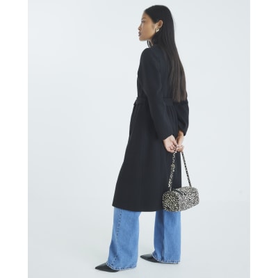 Petite Black Notch Collar Belted Wrap Coat
