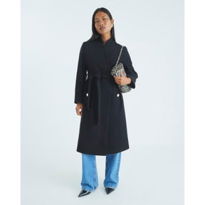 Petite Black Notch Collar Belted Wrap Coat