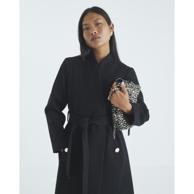 Petite Black Notch Collar Belted Wrap Coat