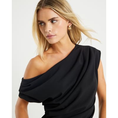 Petite Black Off Shoulder Drape Top