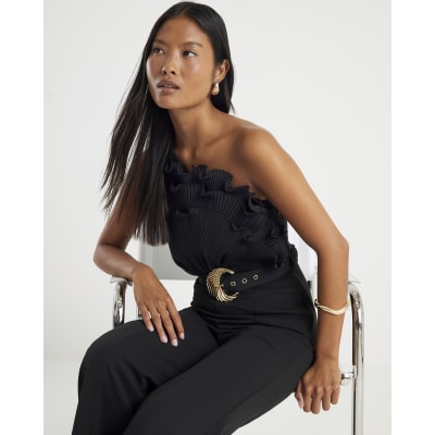 Petite Black One Shoulder Belted Jumpsuit