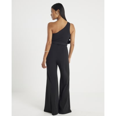 Petite Black One Shoulder Belted Jumpsuit