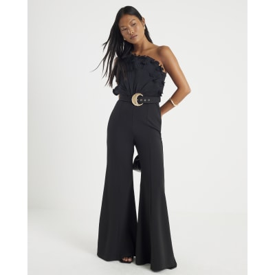 Petite Black One Shoulder Belted Jumpsuit