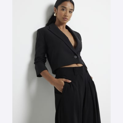 Petite black pleated wide leg trousers