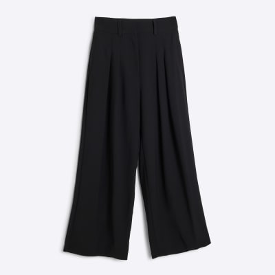 Petite black pleated wide leg trousers
