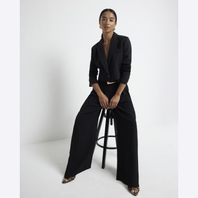 Petite black pleated wide leg trousers