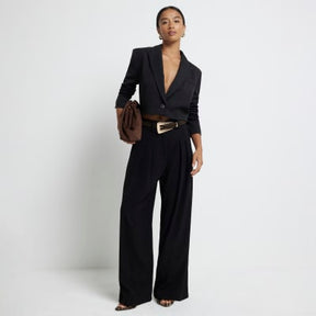 Petite black pleated wide leg trousers