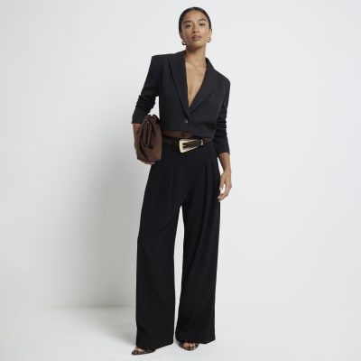 Petite black pleated wide leg trousers