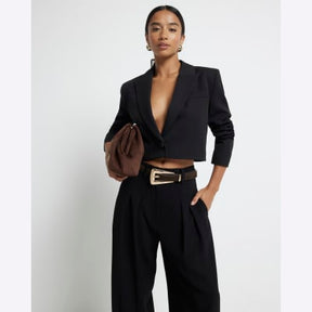 Petite black pleated wide leg trousers