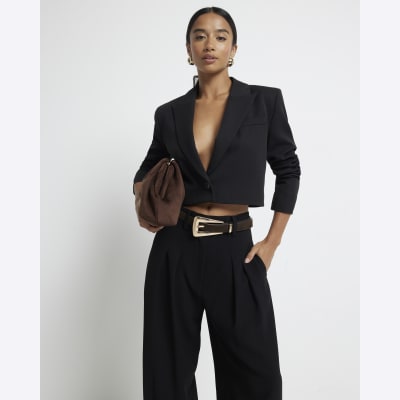 Petite black pleated wide leg trousers