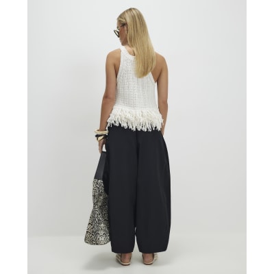 Petite Black Poplin Barrel Leg Trousers