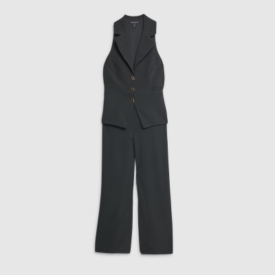 Petite Black Sleeveless Ruched Waist Jumpsuit